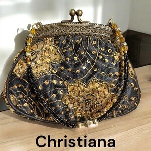 Christiana-Chic Beaded Sequined Evening bag. Vintage inspired black/bronze EUC!!